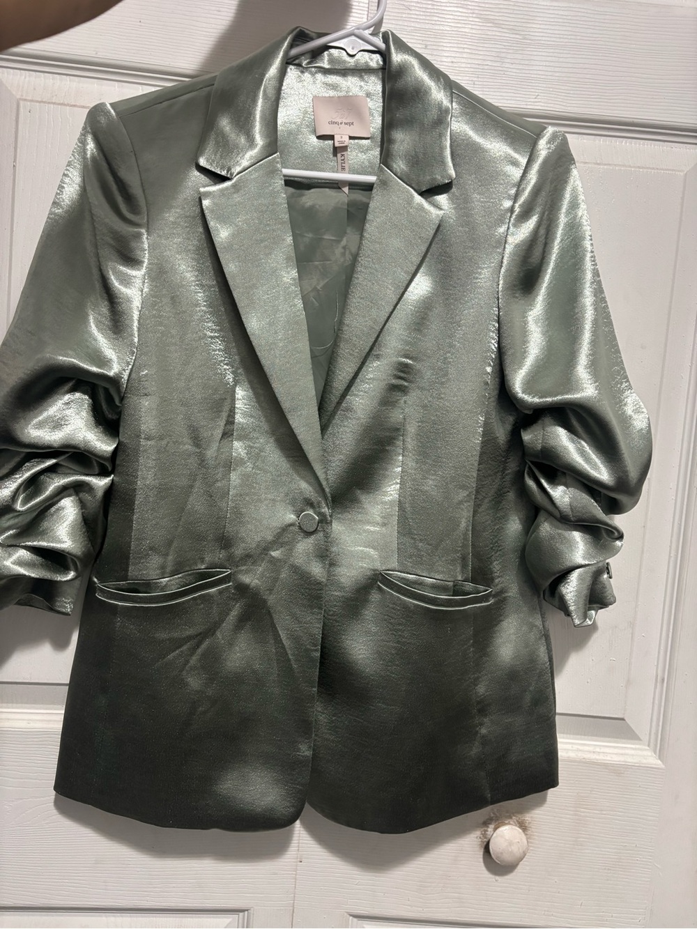 cinq a sept Metallic Sage Satin Blazer with Ruched Sleeves